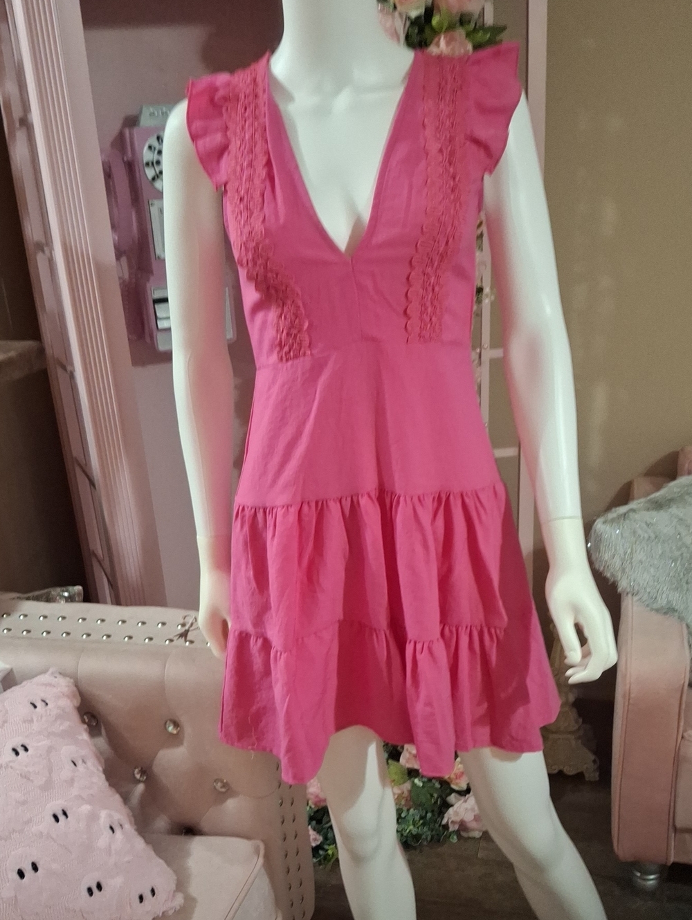 Double Crazy Hot Pink Ruffle Open-Back Mini Dress  NWOT  Size S